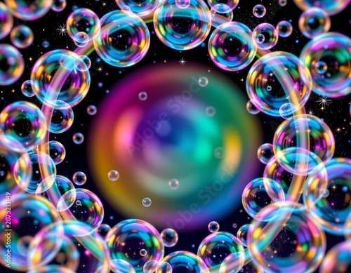 Iridescent Bubble Frame Against Starry Dark