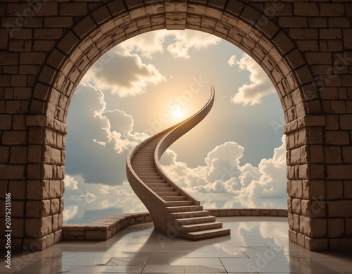 Ethereal Staircase Leading Golden Sky Over Calm Waters