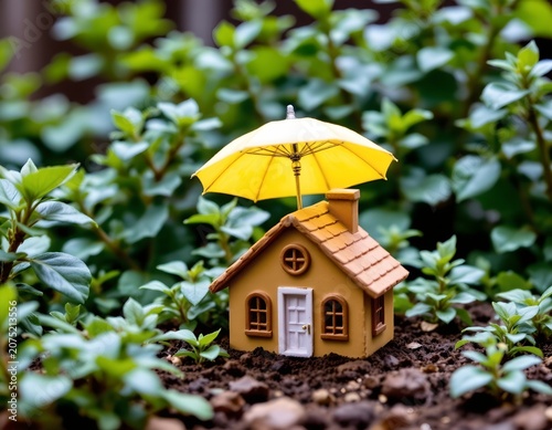 Miniature Eco Friendly House Garden Under Yellow Umbrella