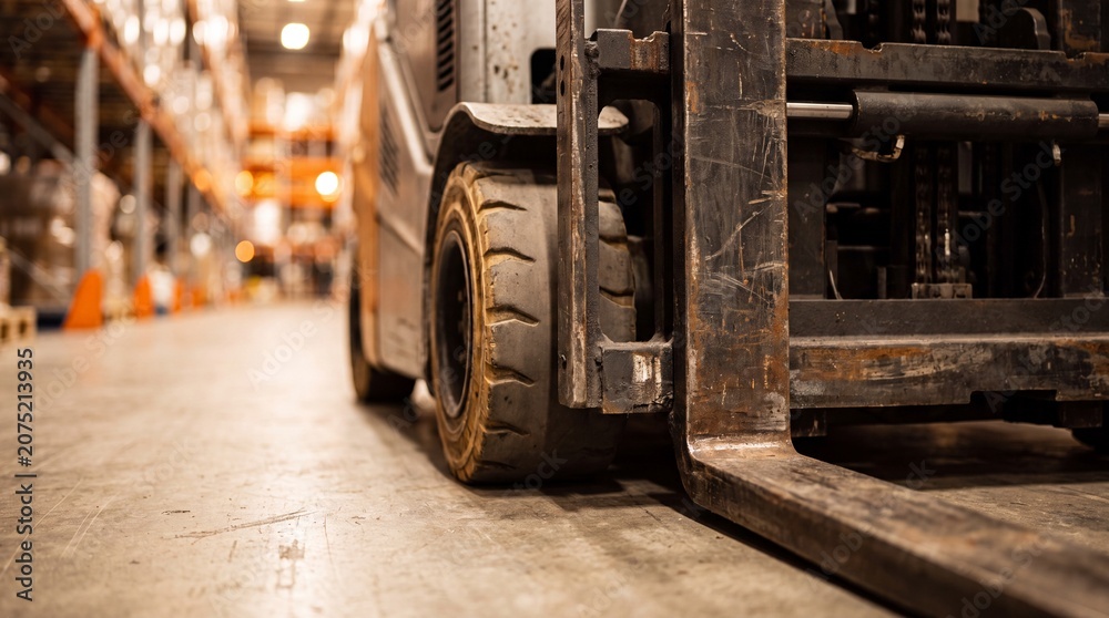 Naklejka premium Closeup of a forklifts wheel and tire in a warehouse setting with shelving