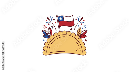 Chilean Empanada Illustration with National Flag and Confetti