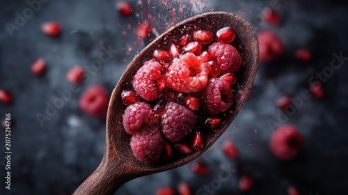 wooden spoon filled with raspberries and pomegranate seeds, dark rustic background, macro food photography, vibrant natural colors, ultra detailed