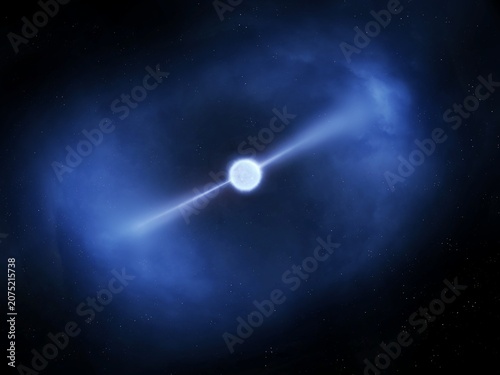 Pulsar emitting radio waves on a black background. Neutron star rapidly rotating around its axis in space. Superdense core of a star after its death.