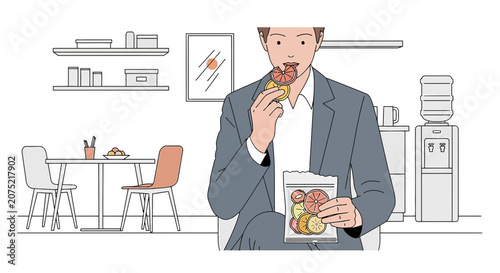 Office worker eating healthy snacks during break time, cartoon style illustration.