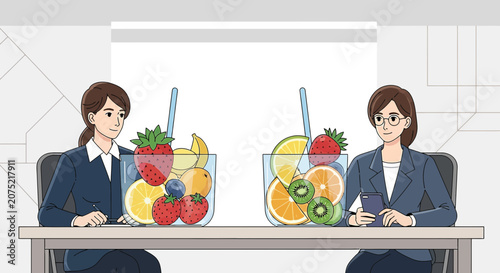 Office Break: Two Women Enjoying Fruit Drinks, Healthy Lifestyle