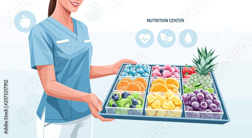 Nutritionist offers healthy fruits tray with icons for wellness, diet, and detox