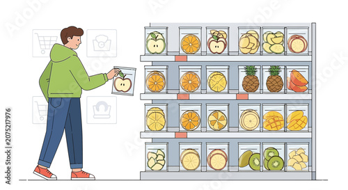 Man Shopping for Dried Fruit in Grocery Store Aisle