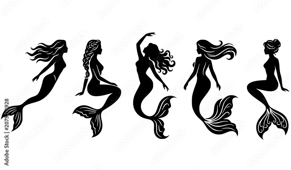 Obraz premium Mermaid Silhouette Vector Icon Set Featuring Elegant Mythical Sea Creatures with Long Wavy Hair and Intricate Fish Tails for Ocean Theme and Fantasy Graphic Designs