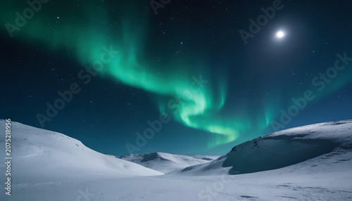 Brilliant green aurora borealis dancing above snow-covered mountains beneath a clear starry night sky, creating a breathtaking winter landscape.
