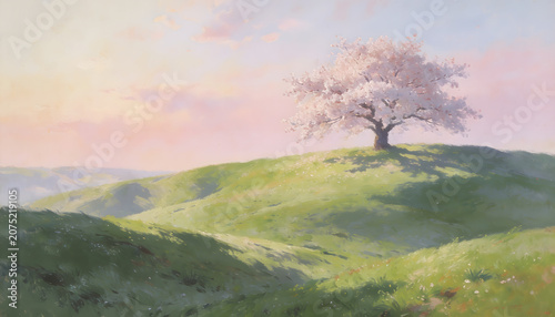 Beautiful blooming cherry blossom tree standing on rolling green hills under warm sunrise light, creating a peaceful spring landscape with soft pastel colors.
