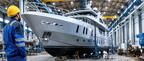Shipyard yacht boat worker engineer inspection construction industry helmet marina Shipyard engineer inspection yacht construction inside large industrial hangar, modern luxury boat maintenance