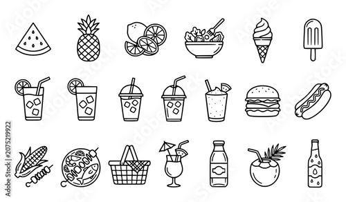 Summer Foods and Refreshing Drinks Outline Icon Set EPS10