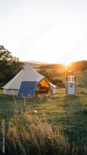Bell tent with portable solar panels and power station in grassy field. Sunset over hills, rural landscape. Sustainable living, off-grid camping, eco travel.