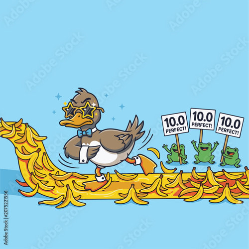 Cute Duck Skating and Sliding Smoothly on Banana Peels Vector Illustration