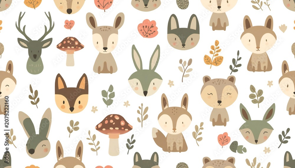 Fototapeta premium Seamless Repeat Pattern of Woodland Forest Animals – Deer, Rabbit, Owl, Fox, Mushroom – Flat