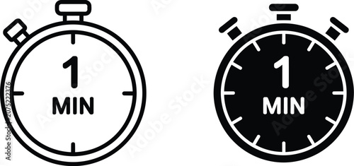 фотографія 1 minute icon set featuring clock, timer, and stopwatch symbols in clean vector style