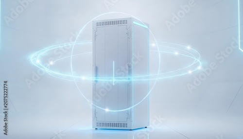 White rectangular device with glowing blue rings in futuristic setting