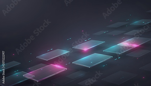 Glowing transparent panels arranged in a perspective view within a dark abstract setting