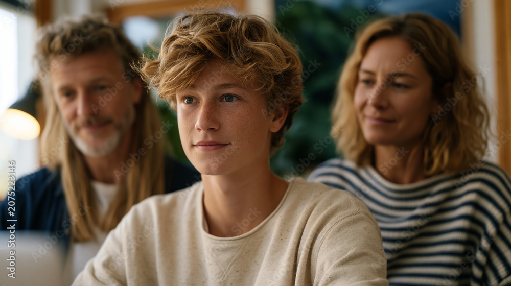 Obraz premium Teen boy in a school counselor's office pulling up grades on a shared screen, counselor and mother beside him reviewing a learning recovery plan, pandemic-era academic deficit, intervention meeting,