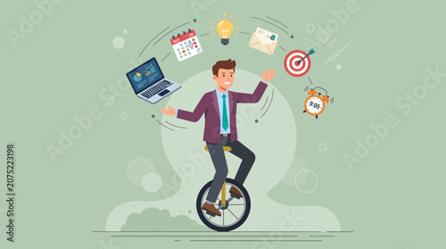 Vibrant flat design illustration of a happy businessman balancing on a unicycle while juggling business icons, symbolizing multitasking efficiency and illustrating complex project management