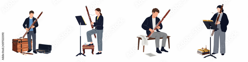 Obraz premium Collection of flat vector illustrations depicting musicians playing the bassoon in various settings and poses, including standing and sitting.