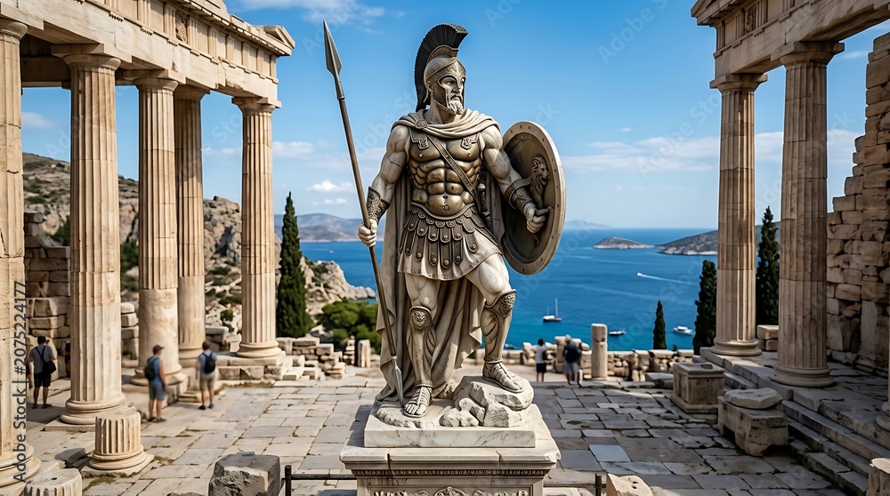 Obraz premium Ancient Greek statue overlooking Mediterranean sea.