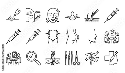 Creative plastic surgery outline vector icon set with laser cosmetic and dermatology symbols