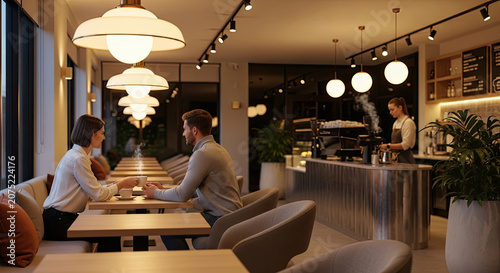 People relaxing in modern minimalist cafe interior at night.