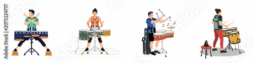 Photos A collection of flat vector illustrations featuring men and women playing marching band tenor drums in various poses and perspectives on a white background