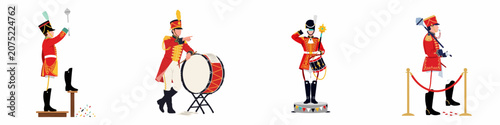 Fotografi Set of four vector illustrations featuring soldiers in traditional red uniforms, playing drums and holding maces, isolated on a white background