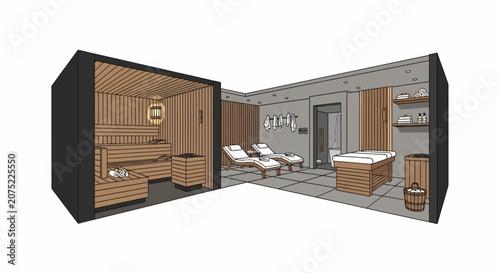 Luxury spa interior with sauna and massage table