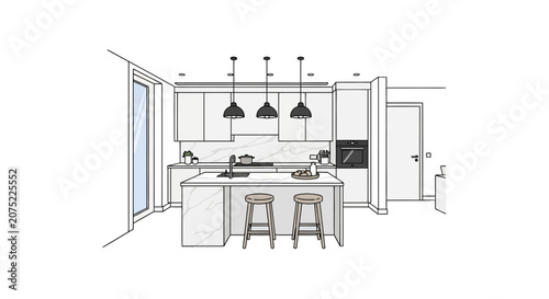 Modern kitchen line art sketch with island and pendant lights