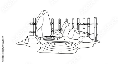 Japanese zen garden line drawing with stones and bamboo fence
