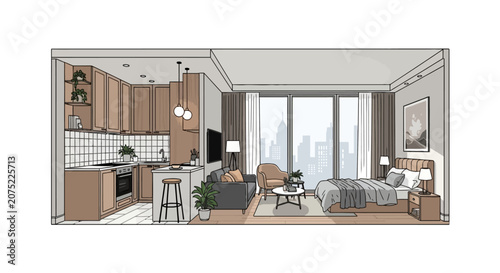 Modern studio apartment with open kitchen and bedroom layout