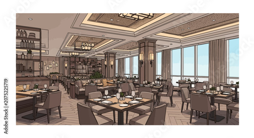 Elegant fine dining restaurant interior with city view