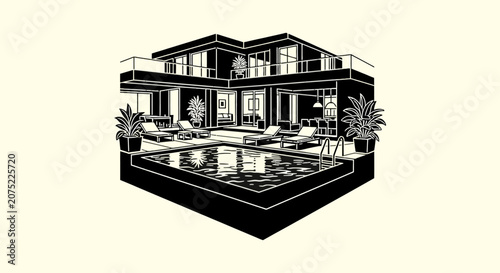 Modern luxury villa with private swimming pool and lounge area