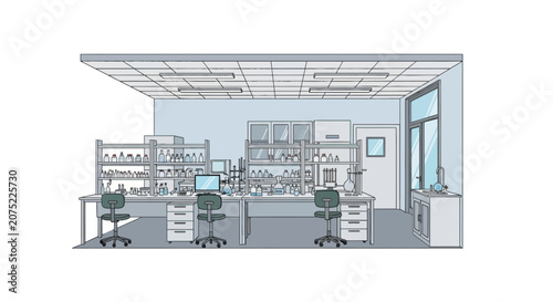Modern scientific laboratory with research equipment and workstations