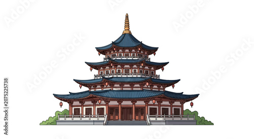 Traditional multi-tiered oriental pagoda with blue roof and lanterns