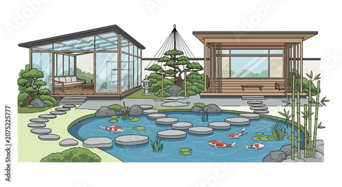 Japanese zen garden with koi pond and tea house pavilions