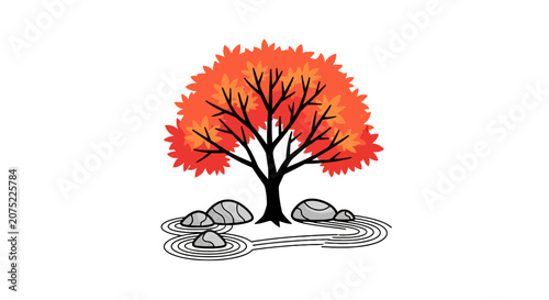 Red maple tree in a peaceful japanese zen garden with sand ripples