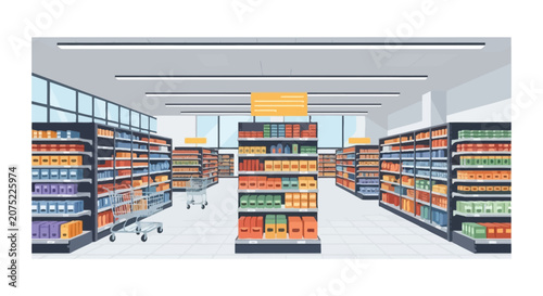 Supermarket aisle with stocked shelves and shopping carts
