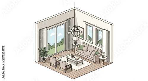 Isometric modern living room with stylish furniture and large window