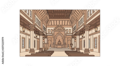 Ornate traditional temple interior with decorative columns and arch