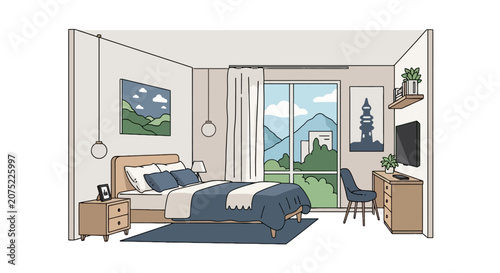 Modern bedroom interior with desk and scenic mountain view