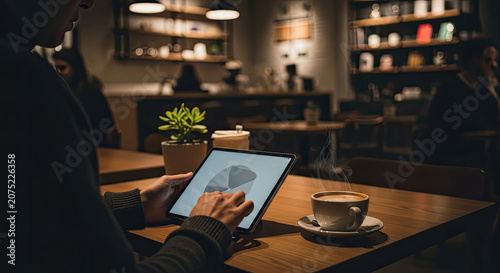 Person analyzing data on tablet in cafe workspace.