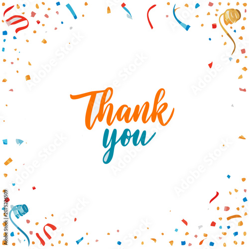 Thank You Text with Confetti and Streamers Vector Illustration