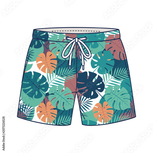 Tropical leaf pattern swim shorts vector illustration