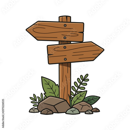 Wooden signpost with arrows and foliage illustration