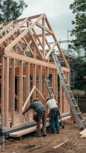 Workers are assembling wooden frame next to house with ladder during trusses frame