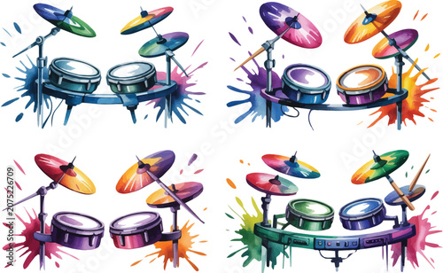 Photography set of Watercolor Digital Drum Kit Illustration, Electronic Percussion Music Ins
